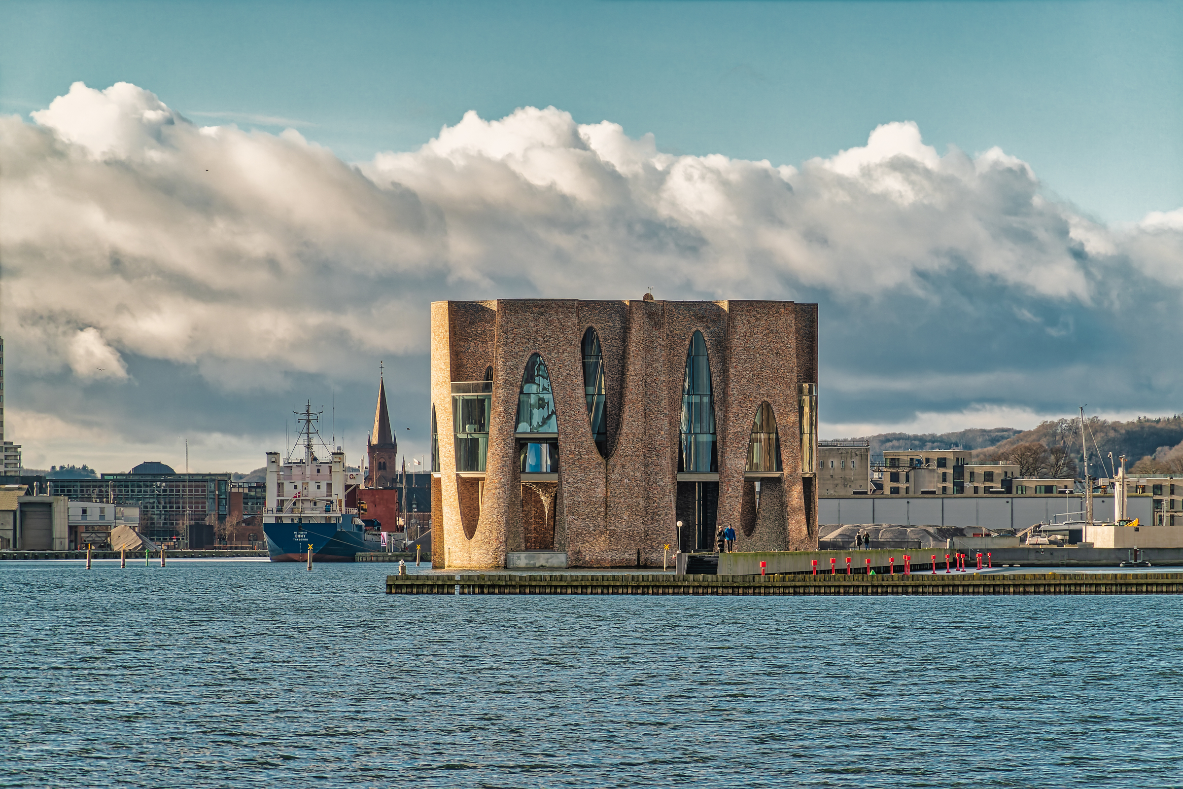 Vejle harbor front seen from the Fjord with Fjordenhus, Denmark