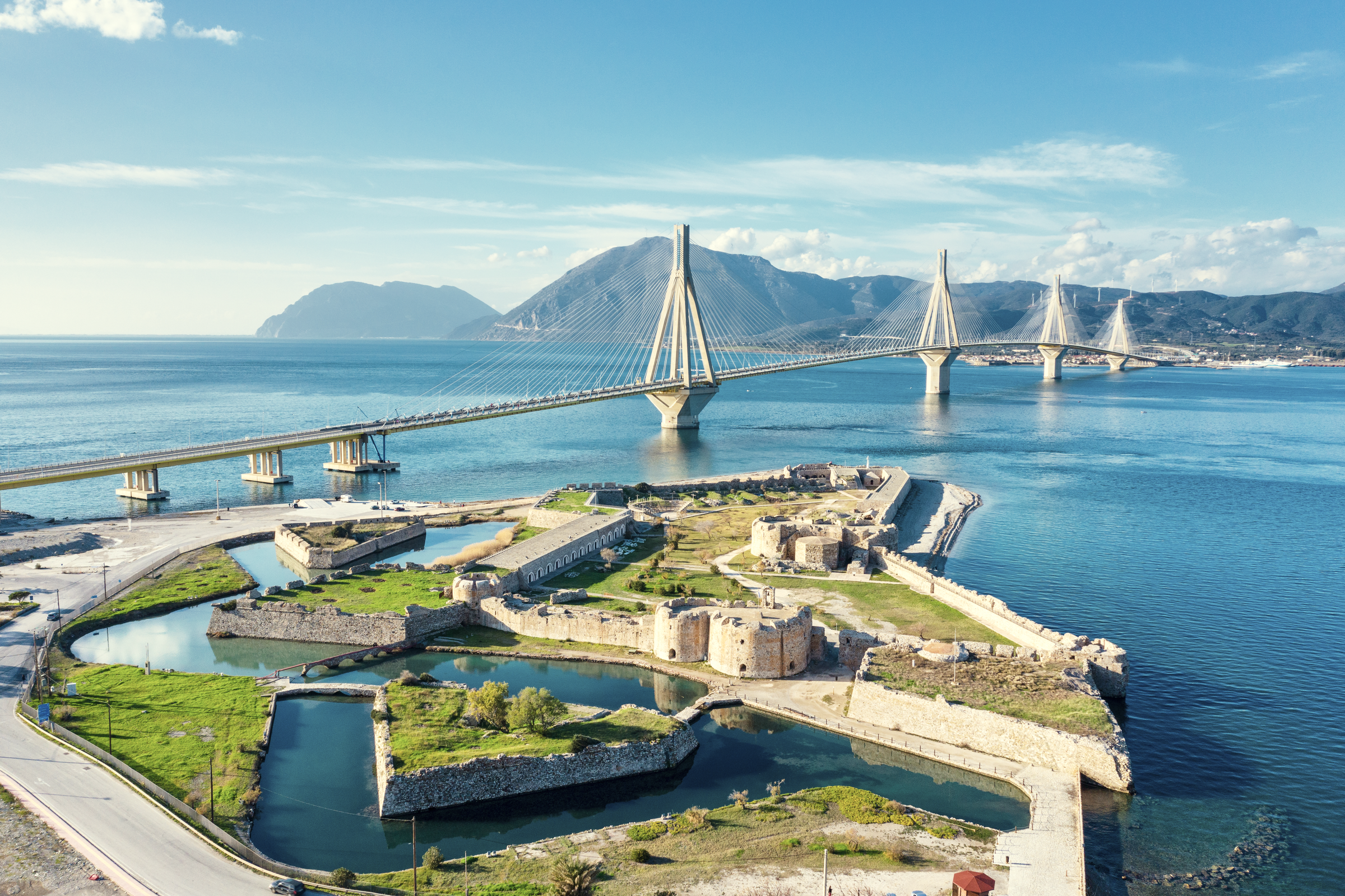 The Rio-Antirrio Bridge, officially the Charilaos Trikoupis Bridge, longest multi-span cable-stayed bridges and longest of the fully suspended type, Greece