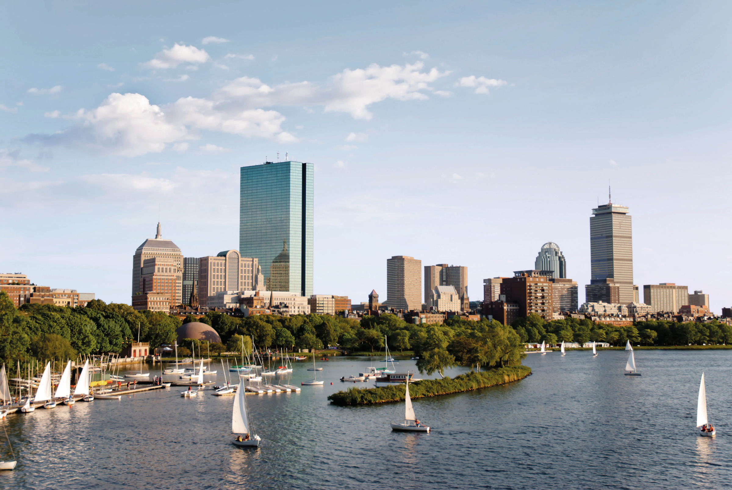 City of Boston and its skyline at dusk with Back bay.