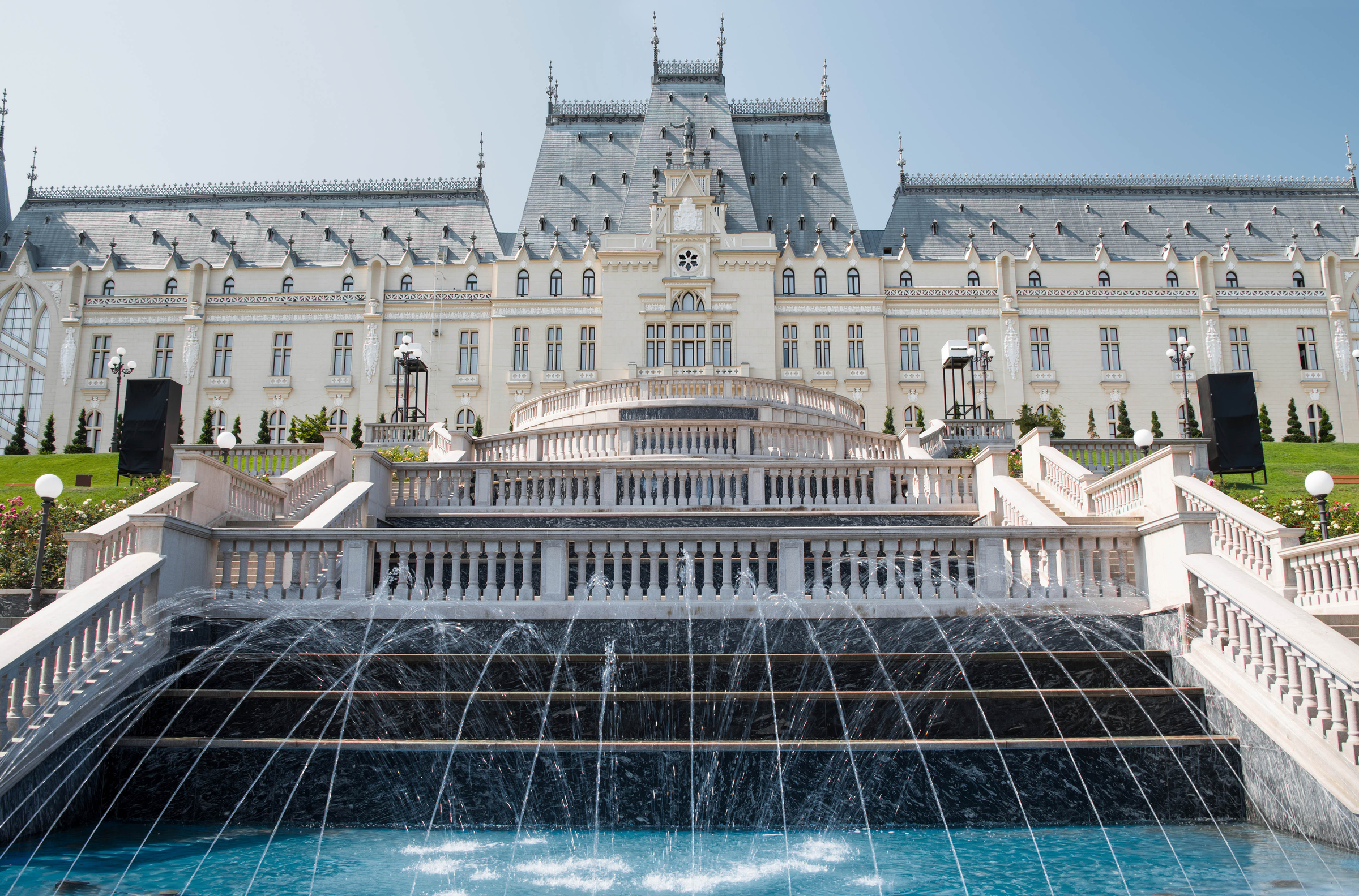 Iasi, Romania - August 12, 2016: Fontain and stairs park at Cultural Palace in Iasi, Romania