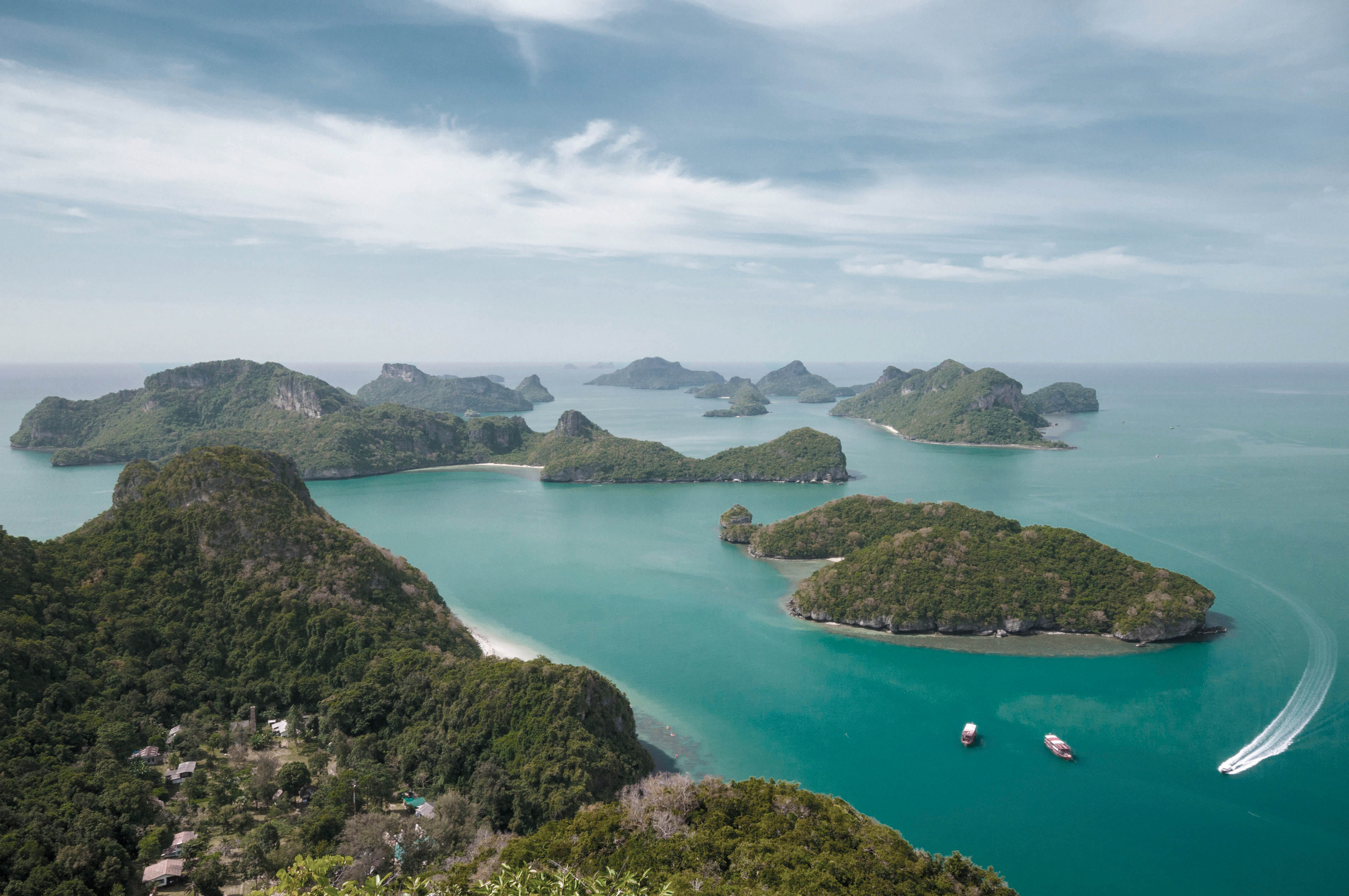 The Angthong islands from the viewpoint at the top. It's quite tired but very beautiful scenery upthere.