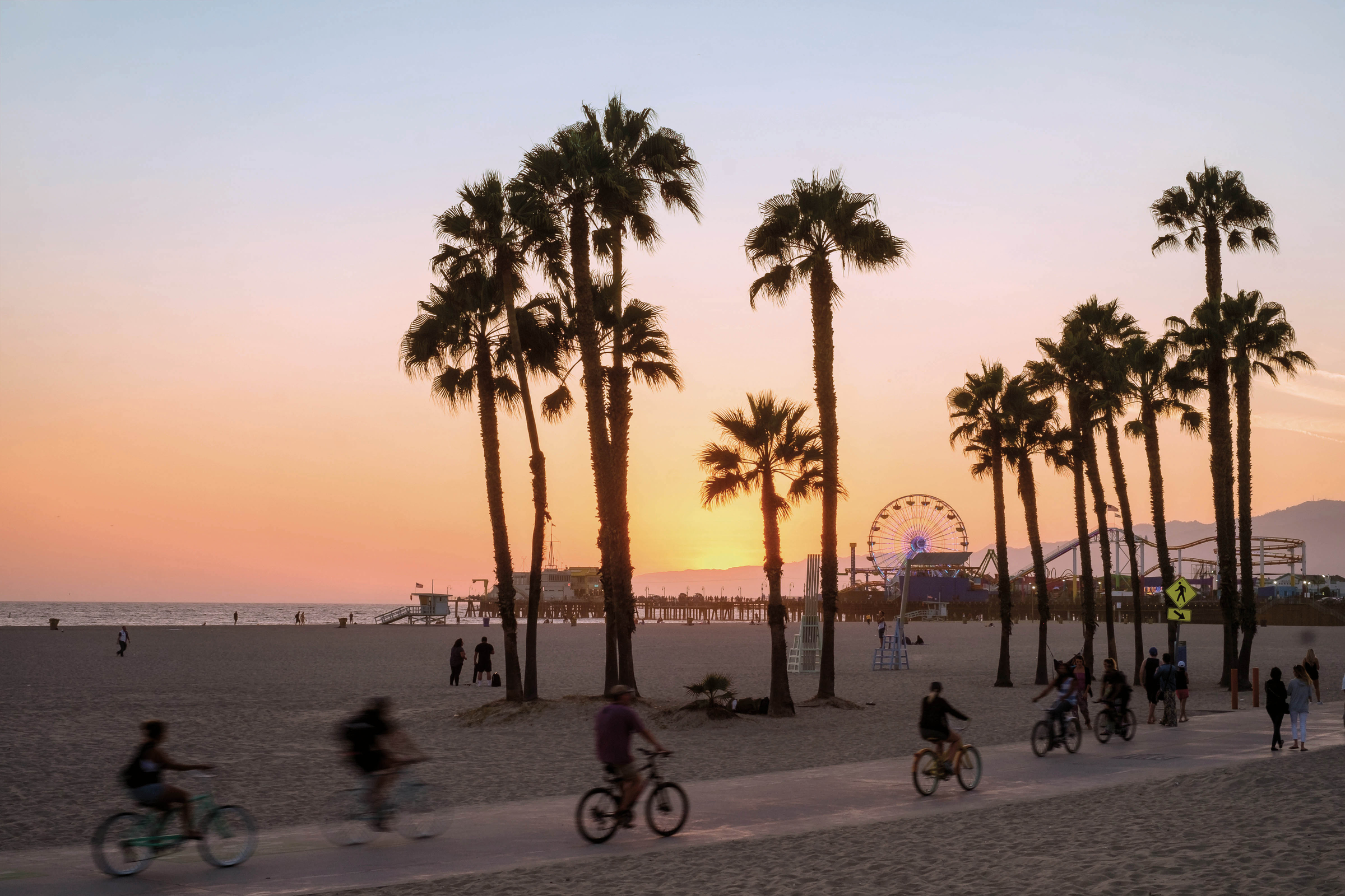 An action shot of people riding their bikes along the beachfront pathway at sunset in Santa Monica, California. A grove of palm trees is silhouetted against the sunset. Santa Monica pier and the ferris wheel are visible in the background.