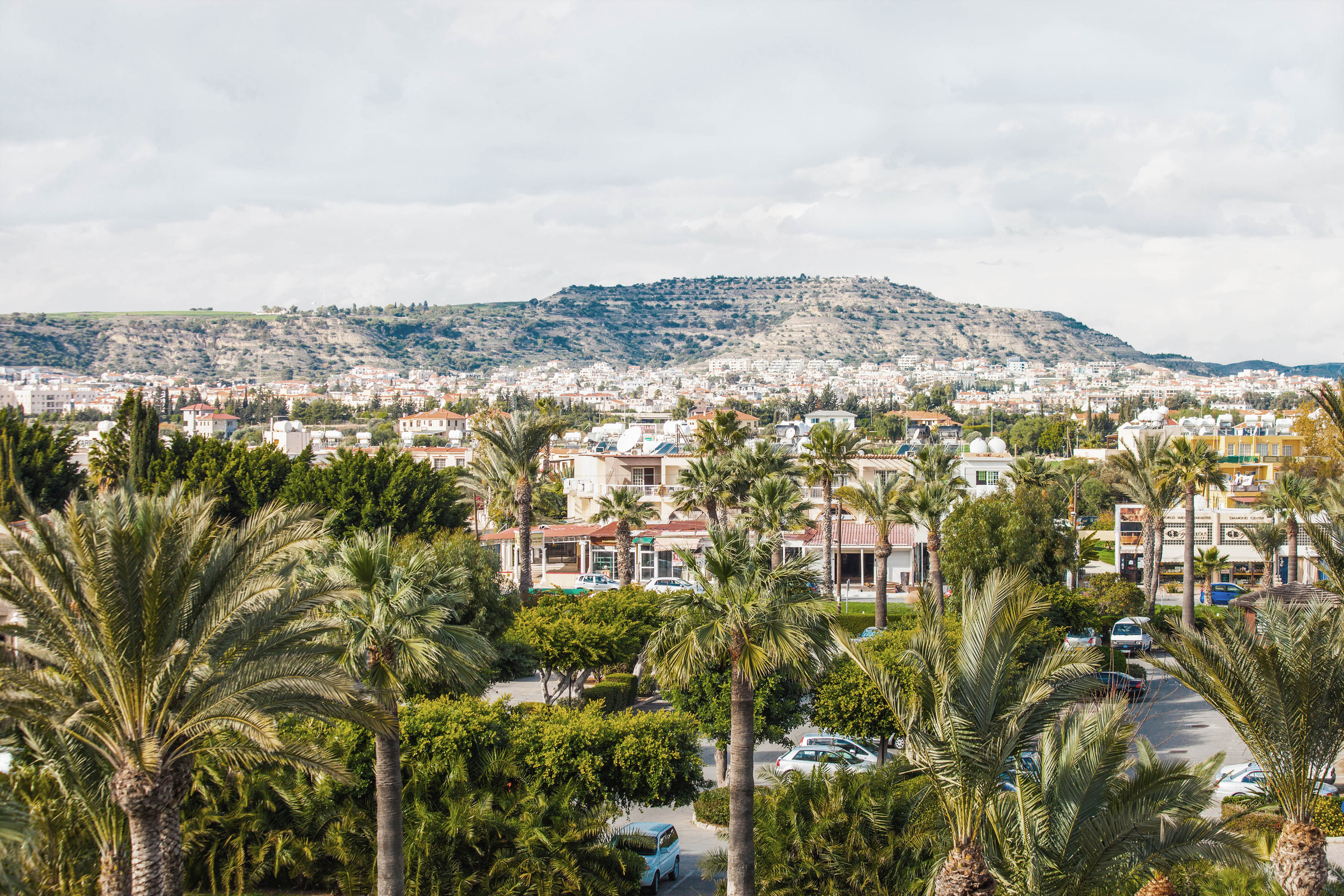 Larnaca, Cyprus - December 21, 2011: View to the suburbs and hills of Larnaca town over palm trees.