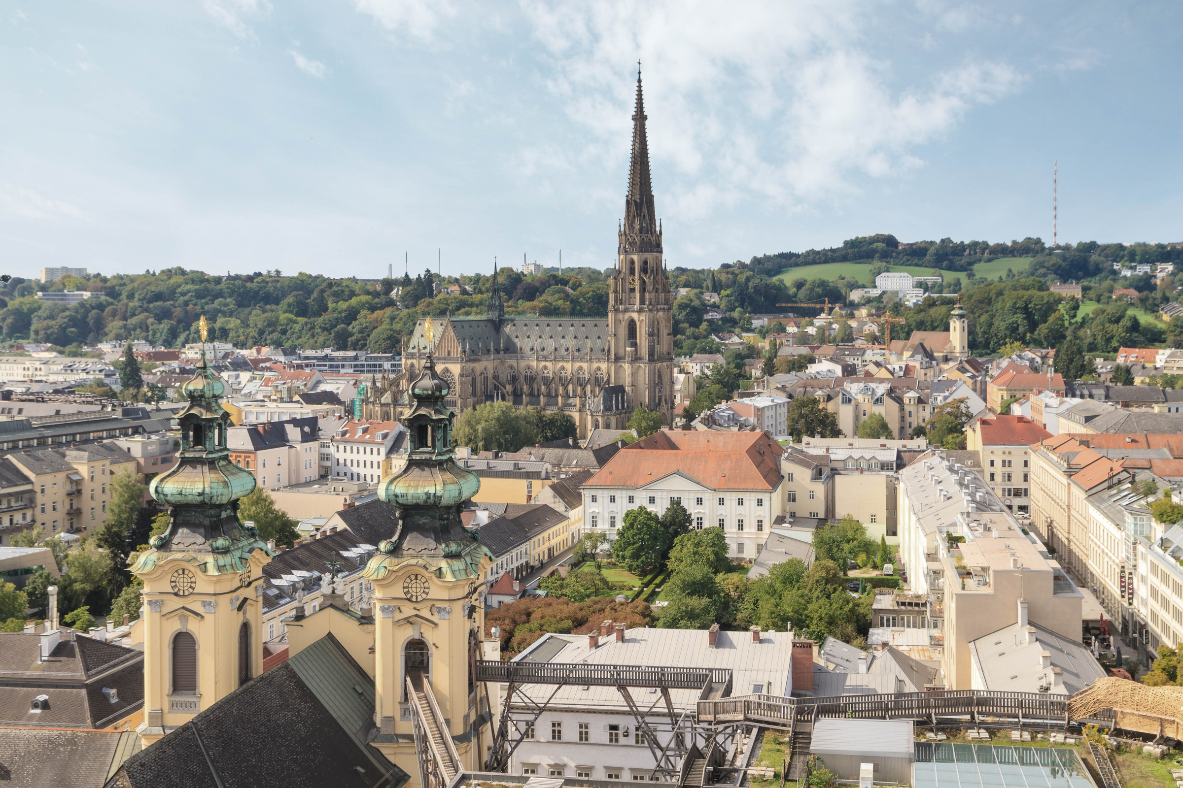 Linz Cityscape with New Cathedral and Church of the Ursulines, Austria