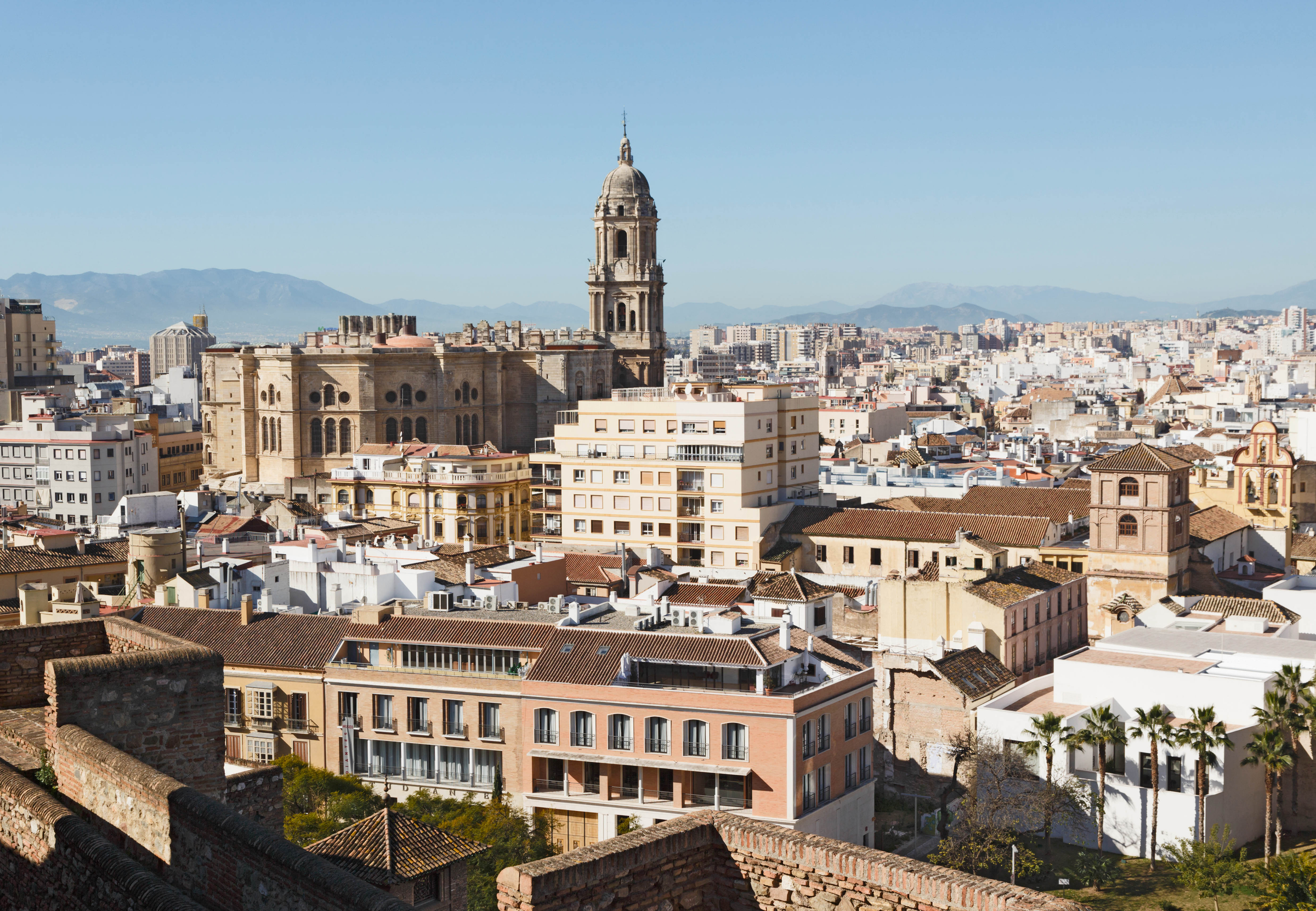 Malaga, Malaga Province, Andalusia, southern Spain. The cathedral seen from the walls of the ALcazaba.