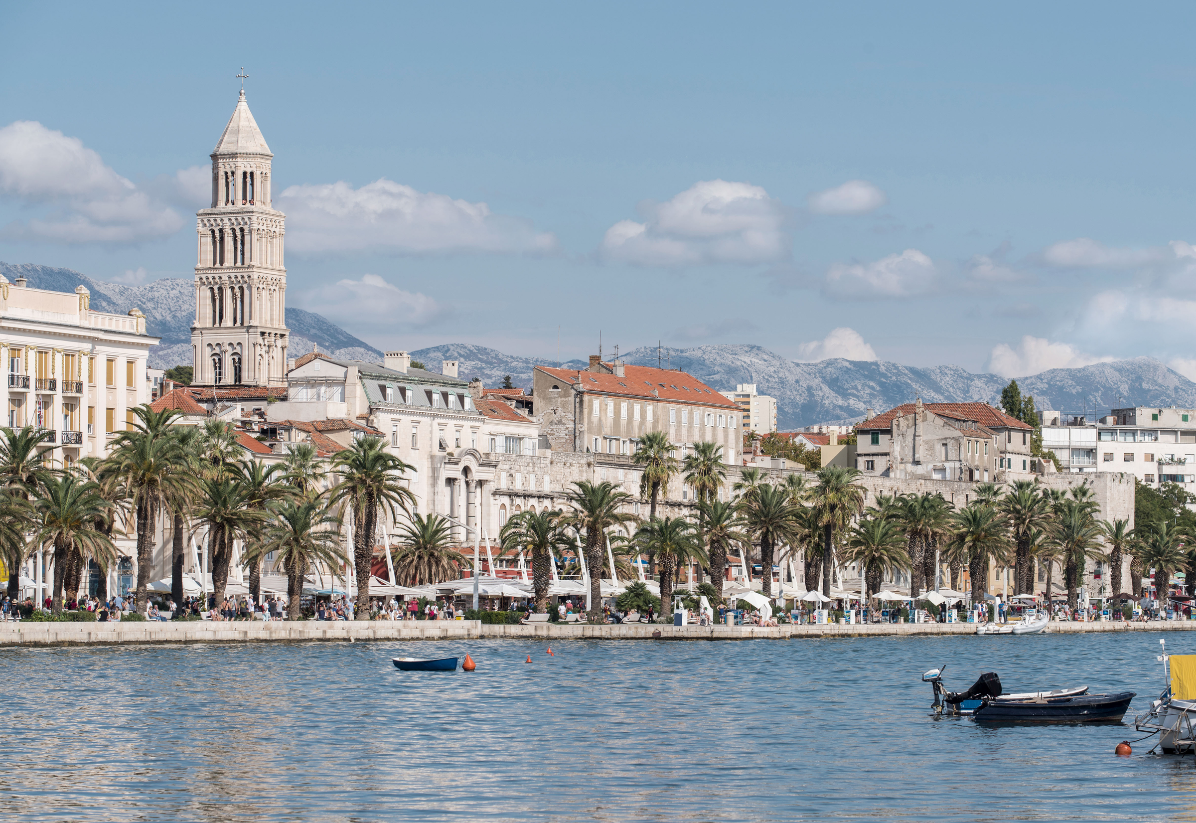 View of the coastline of Split, Croatia. The bell tower of the Cathedral of Saint Domnius became the well know symbol of Split. The city is an Unesco World Heritage site.