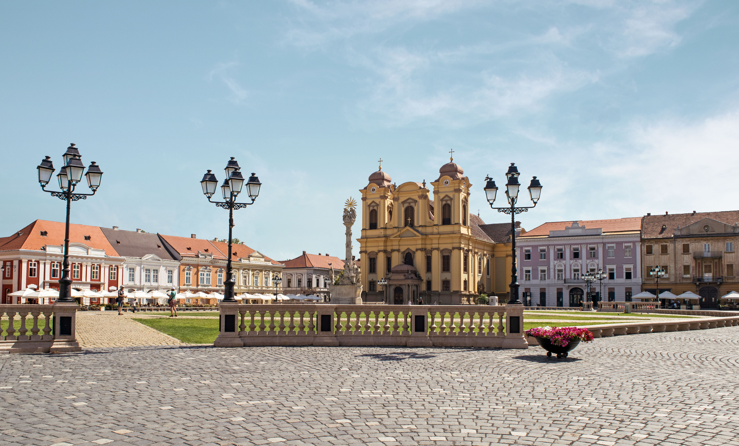 Beautiful town square with the catholic cathedral from Timisoara, Romania