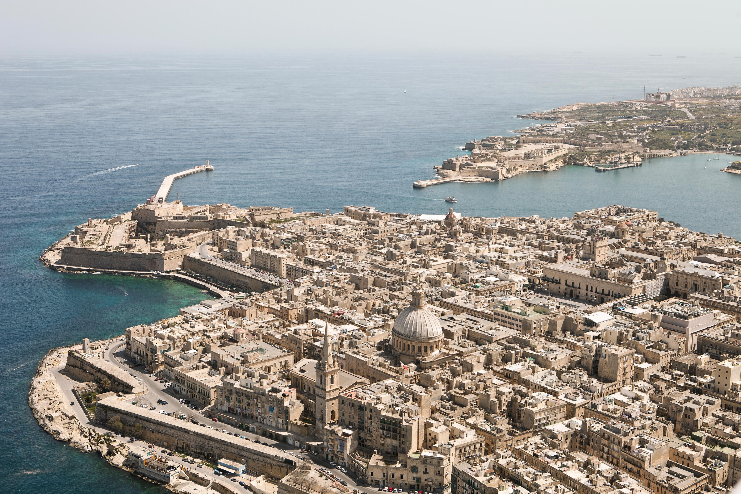 Aerial View of the Capital City of Malta. Valletta. The city will be the European Capita of Culture in 2018. One can clearly see the Breakwater and the entrance to the "Grand Harbour", a large natural deep water harbour. Once home to the British Fleet during world war 2.