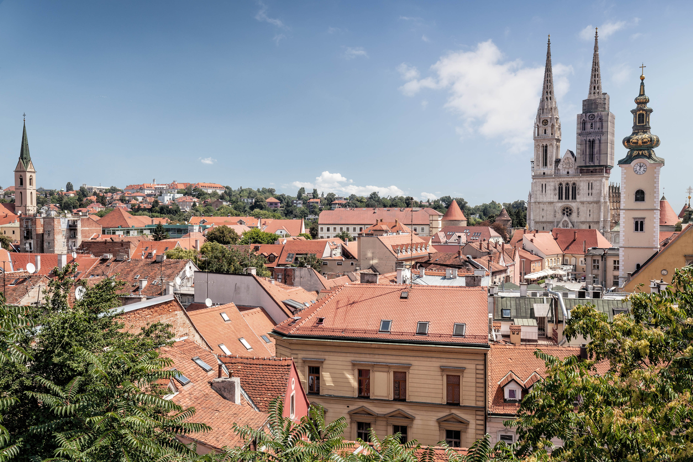 Rooftops and Towers of the cathedral and church Sveta Marija Na Dolcu.
Zagreb, Croatia. July 30, 2018