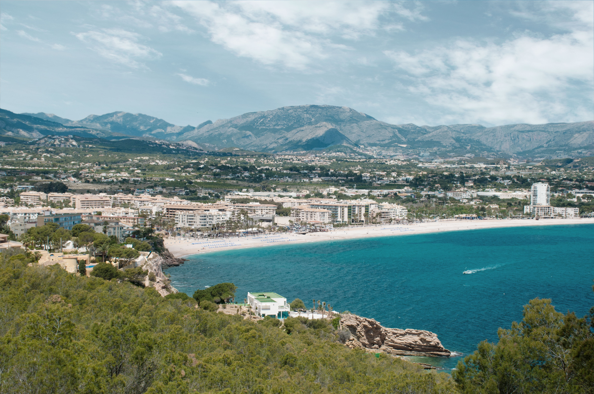 View of Albir town and beach as seen from the pathway to El Faro Lighthouse, Serra Gelada National Park.