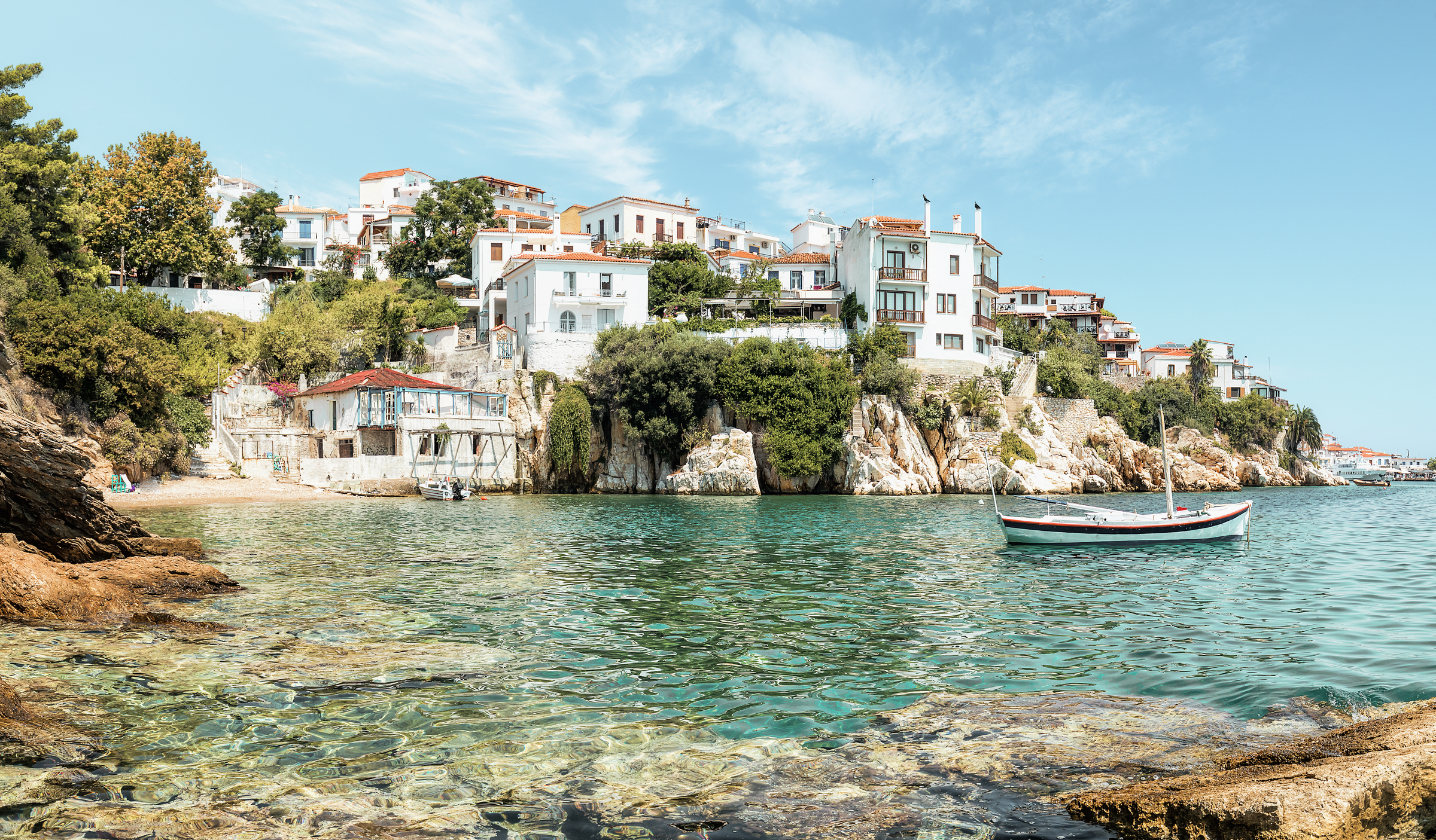 "Stiched panorama photo of old Skiathos Town, on Skiathos Island, Sporades Archipelago, Greece, Europe.Related images:"