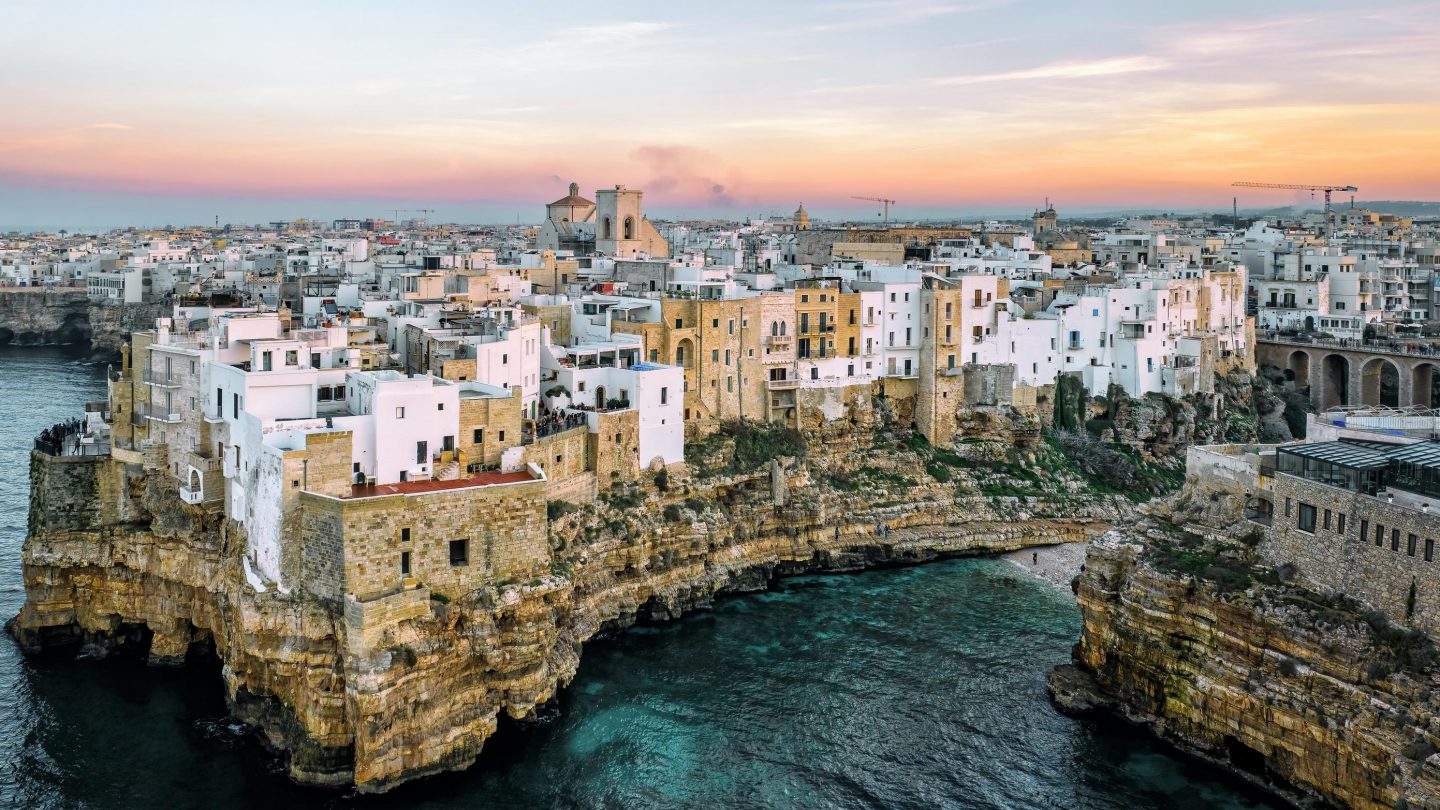 Polignano a Mare, Puglia, Italy -  Dramatic Aerial View at Sunset